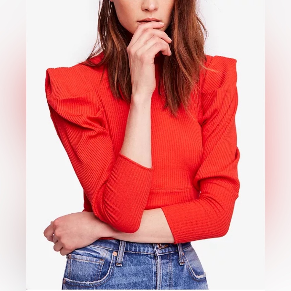 Free People Red Ribbed Puff Sleeve Top